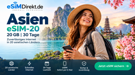 Asien eSIM 20 GB – 30 Tage mit 19% Rabatt